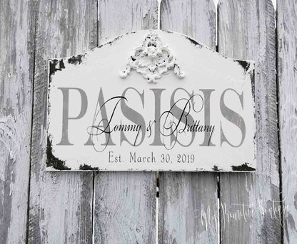 Hand-painted family established sign with last name and first names rustic farmhouse décor.