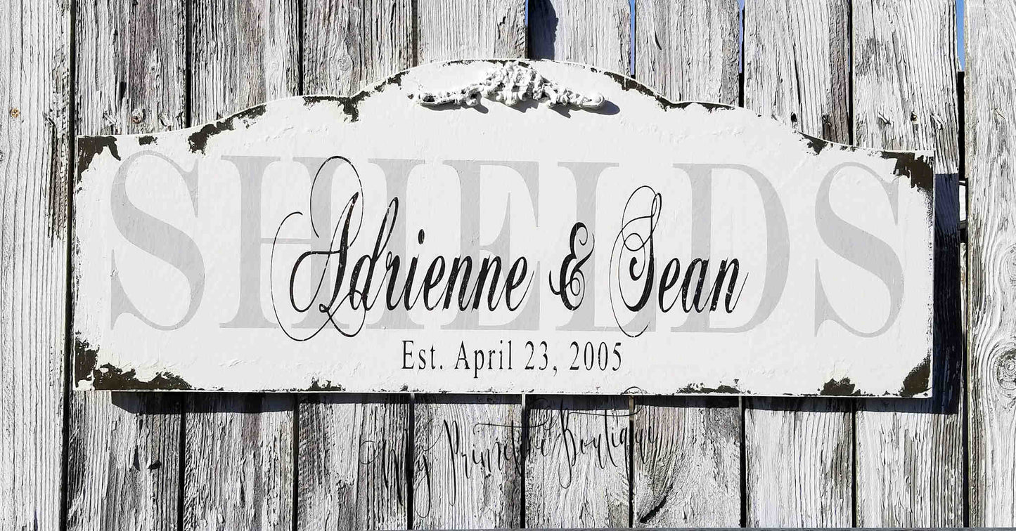 Personalized established family name sign distressed ivory finish with black lettering.