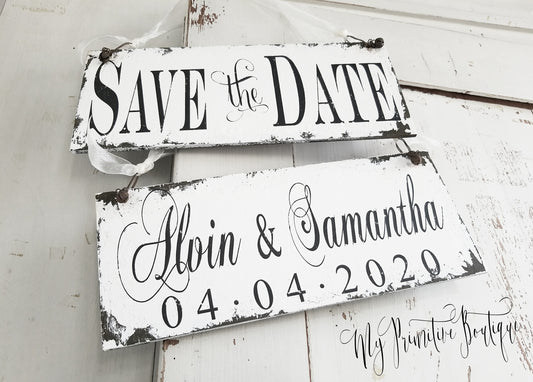 Save the date sign set personalized with first names and wedding date. The perfect Pet Photo Prop!
