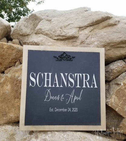 Personalized family name sign in rustic industrial style, custom last name and established date on 18x18 wooden plaque