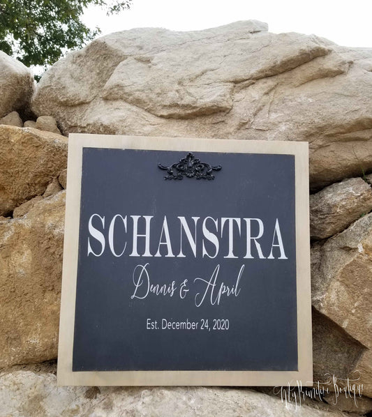 Personalized family name sign in rustic industrial style, custom last name and established date on 18x18 wooden plaque