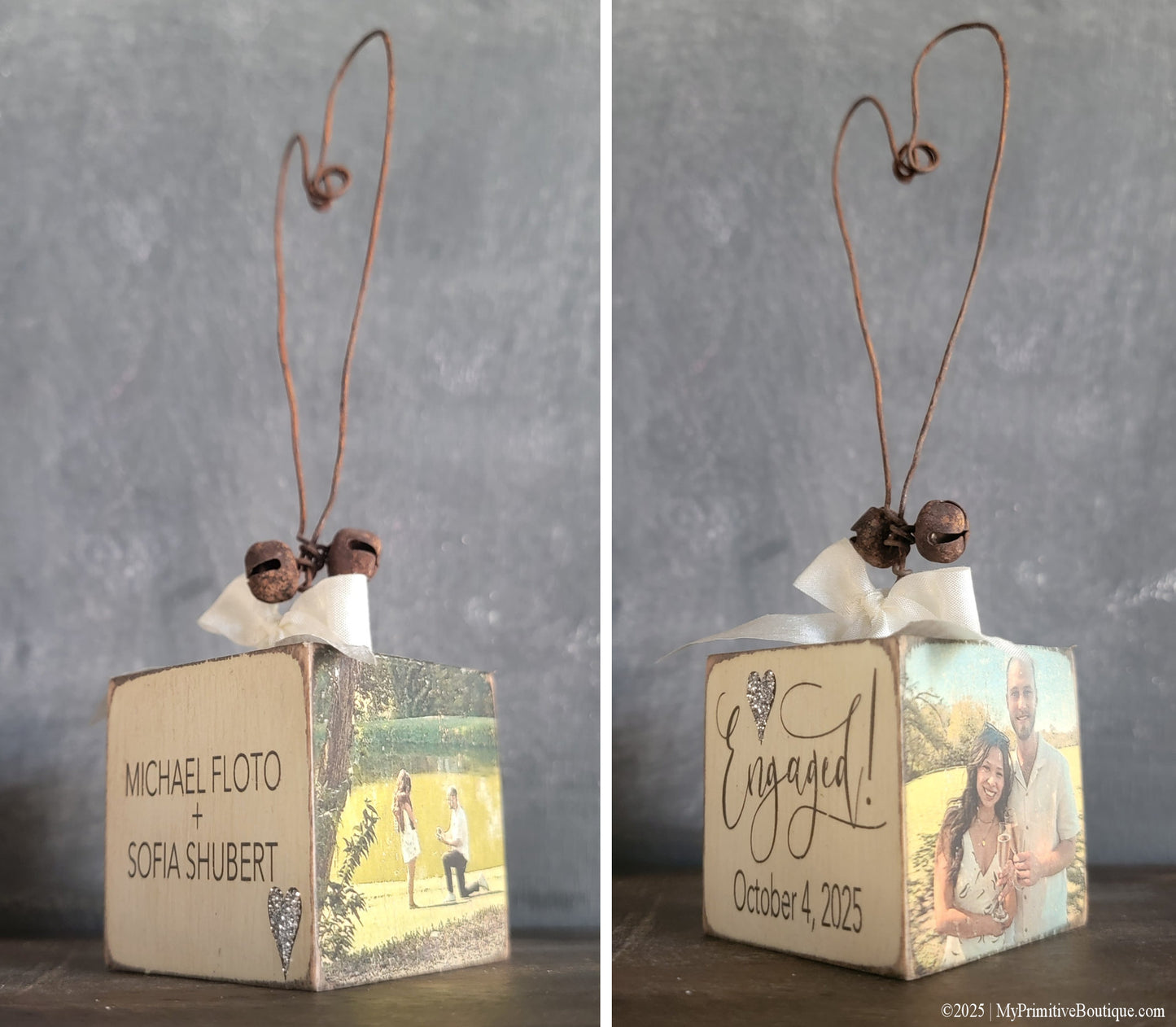 Four-sided personalized engagement ornament showing front and back designs with names, date, and engagement photos. Handmade rustic decor with wire heart hanger and vintage distressed finish.