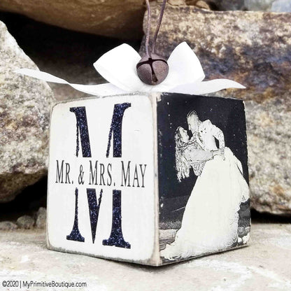 Happily ever after wooden wedding photo ornament personalized with couple's picture and date