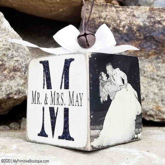 Happily ever after wooden wedding photo ornament personalized with couple's picture and date