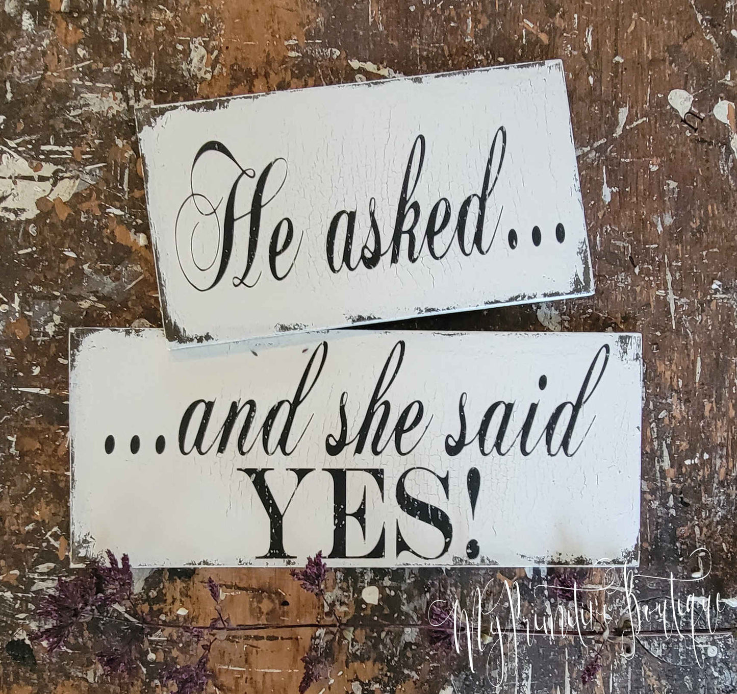 Double-sided “He Asked She Said Yes” wooden engagement sign with chalkboard back