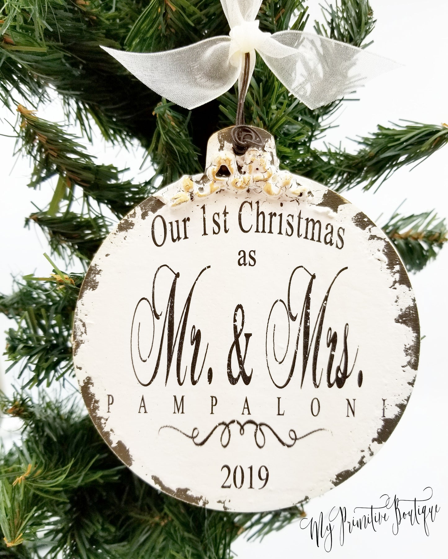 Custom wooden ball ornament with names and date rustic keepsake for engagements or anniversaries