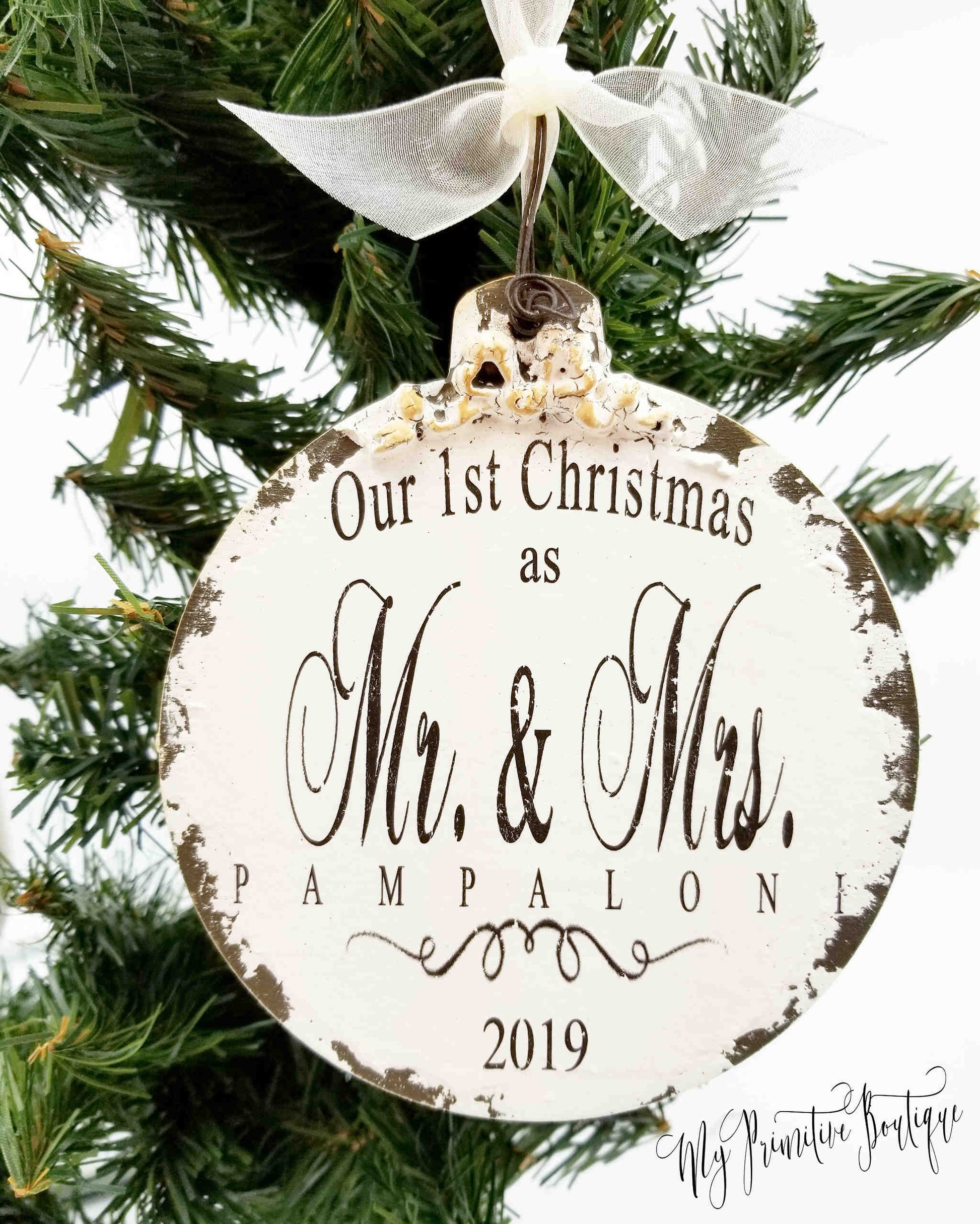 Custom wooden ball ornament with names and date rustic keepsake for engagements or anniversaries