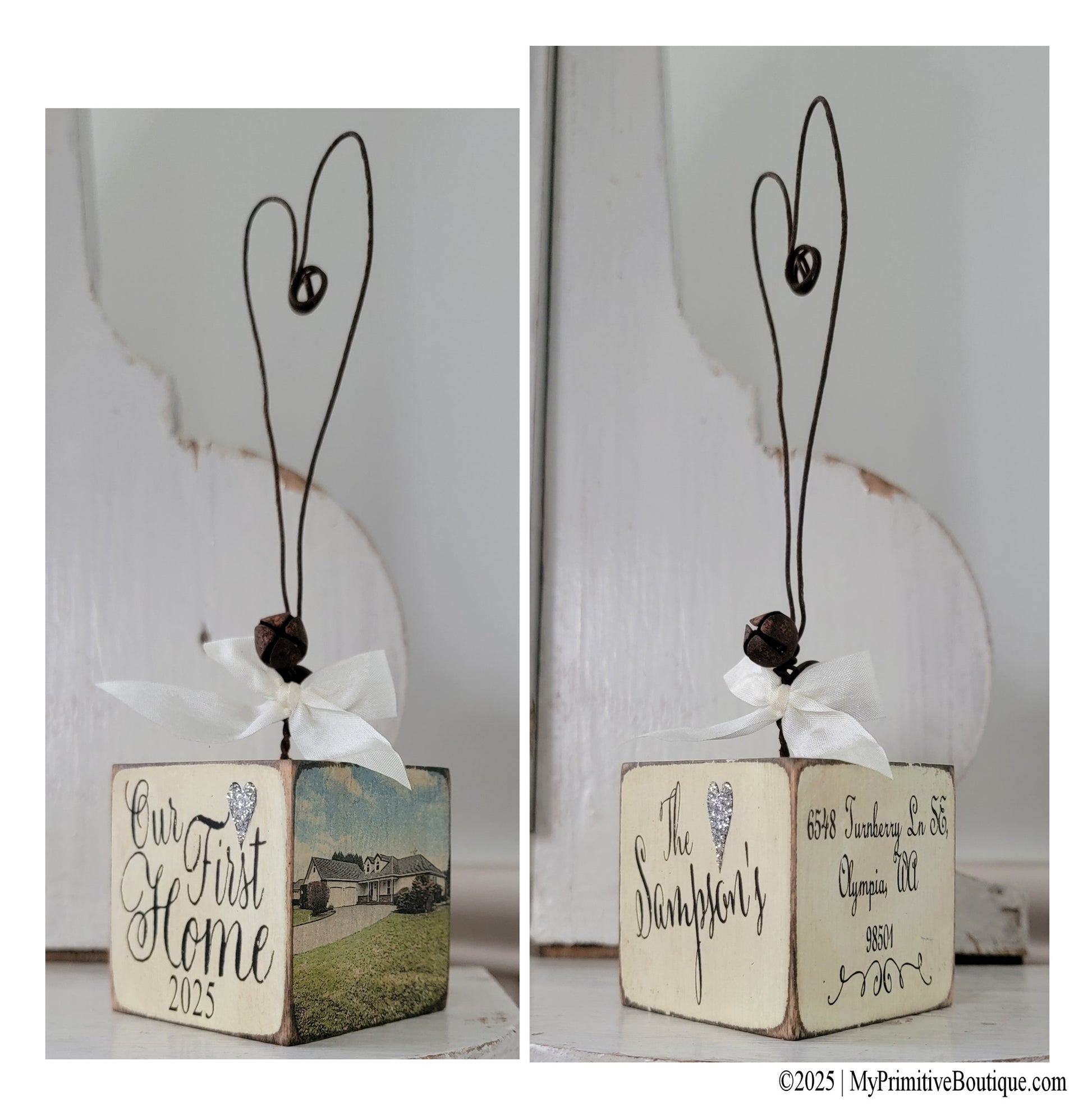 Personalized Our First Home Christmas Ornament featuring names, year, and rustic distressed finish by My Primitive Boutique.