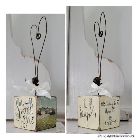 Personalized Our First Home Christmas Ornament featuring names, year, and rustic distressed finish by My Primitive Boutique.