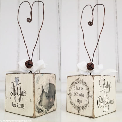 Personalized baby first Christmas photo ornament rustic farmhouse style keepsake