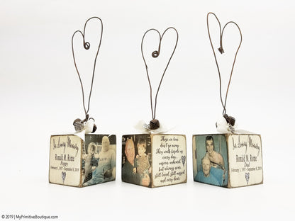 Rustic wooden memorial ornament personalized with loved one’s name and year