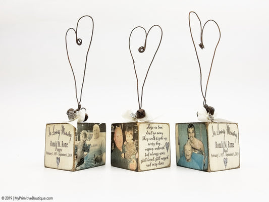 Rustic wooden memorial ornament personalized with loved one’s name and year