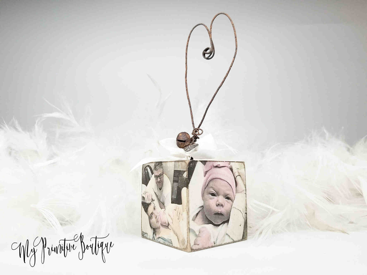 Custom wooden ornament hand painted with Welcome to the World and baby’s name rustic heirloom 